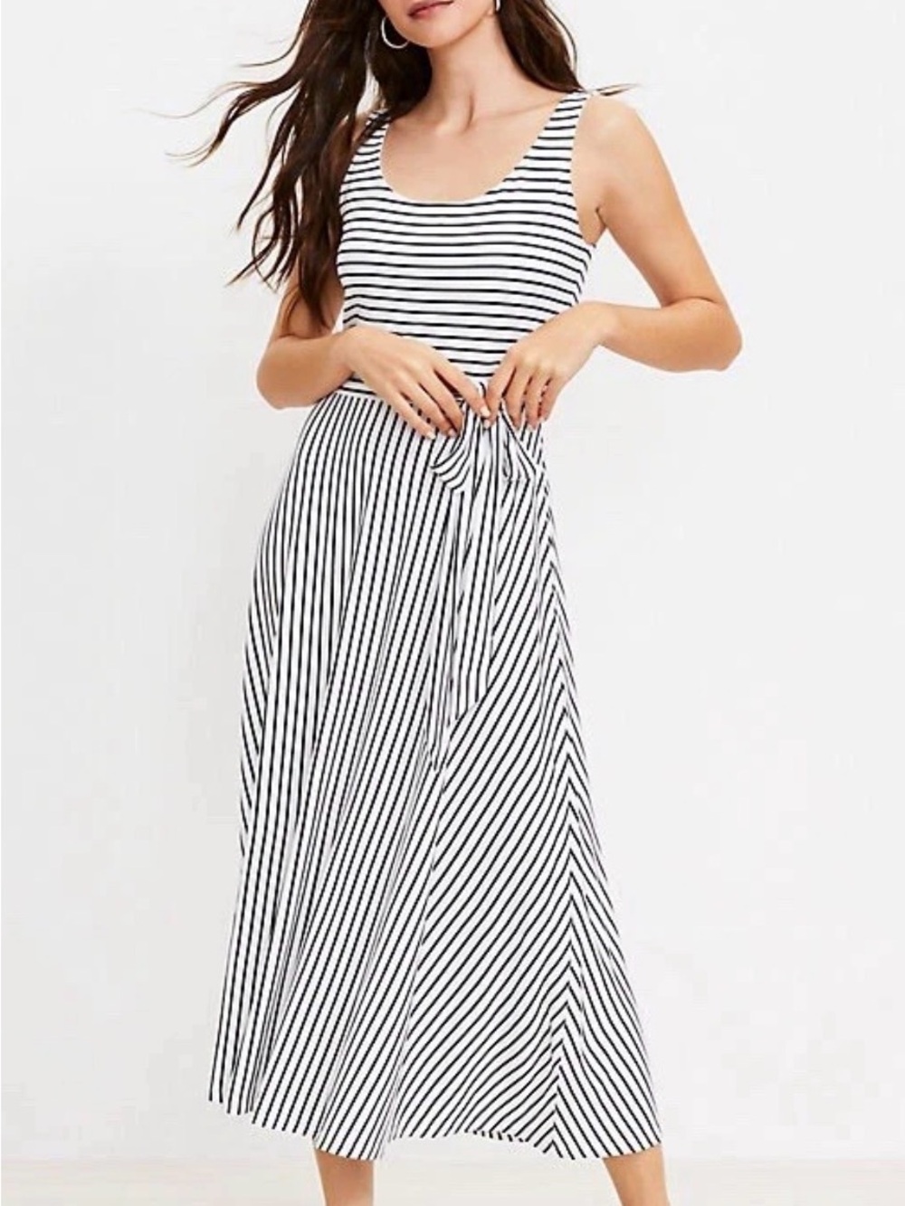 LOFT Black and White Striped Sleeveless Tie-Waist Midi Dress SZ. Small